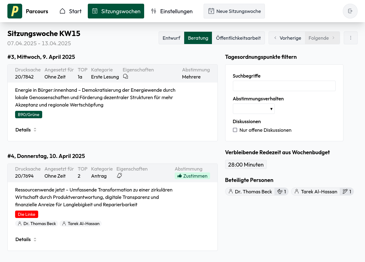 Bildschirmfoto der Beratungsansicht einer Sitzungswoche