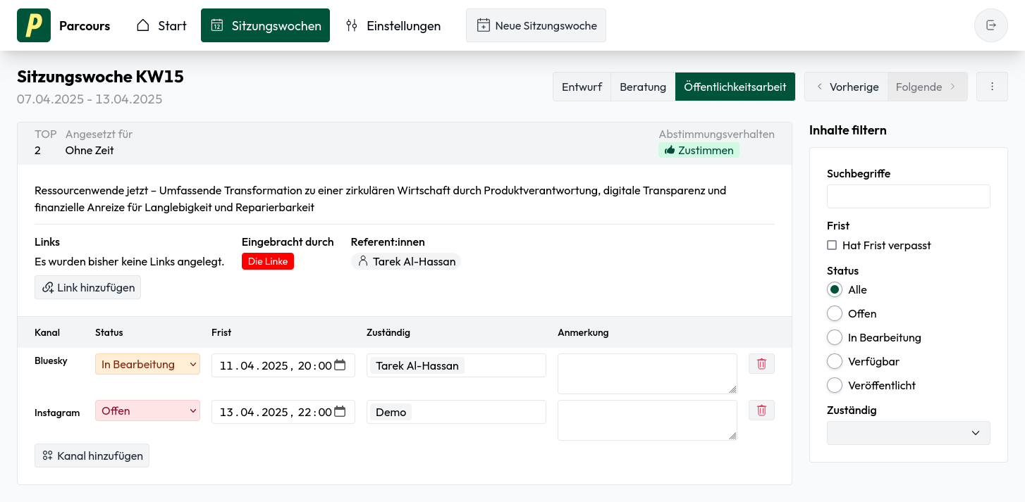 Bildschirmfoto der Ansicht für Öffentlichkeitsarbeit